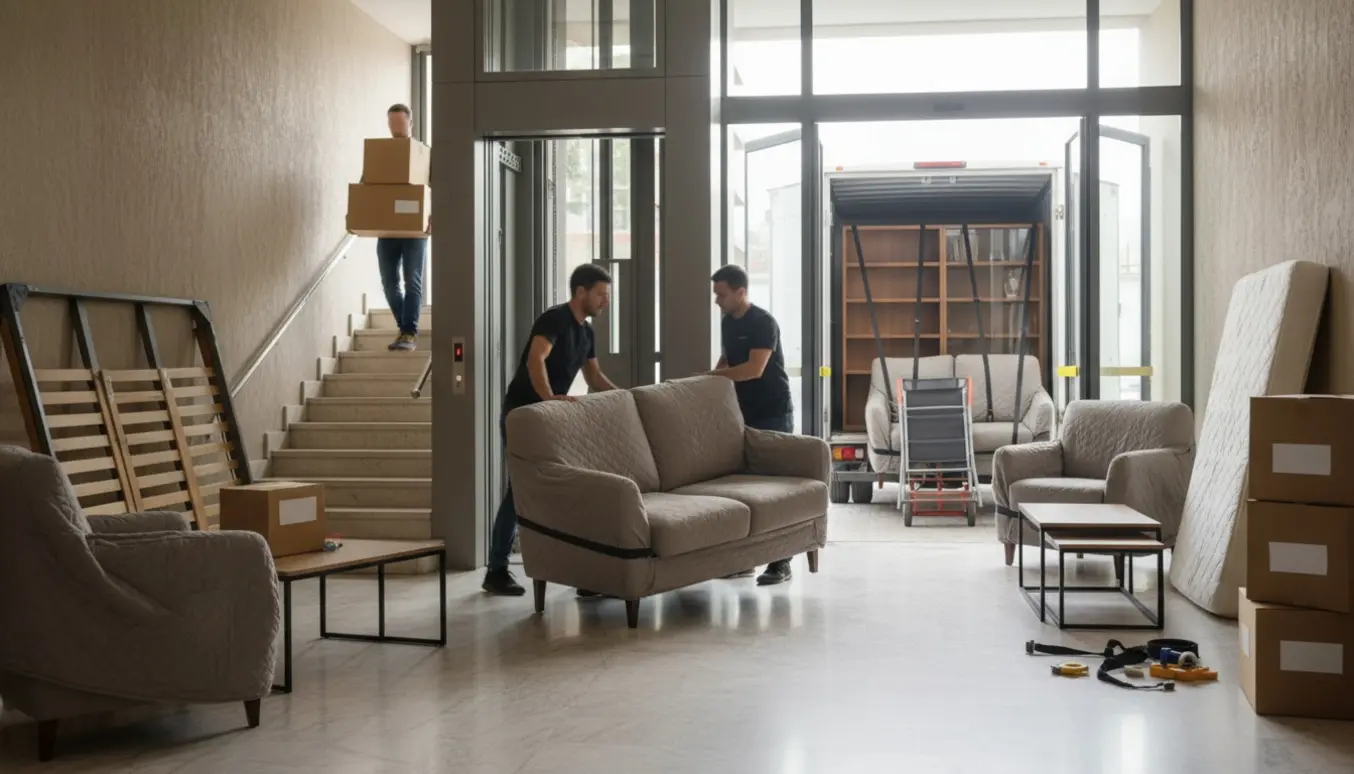 Flyttefolk fører en indpakket sofa ind i elevatoren med møbler og flyttekasser samlet i lobbyen.