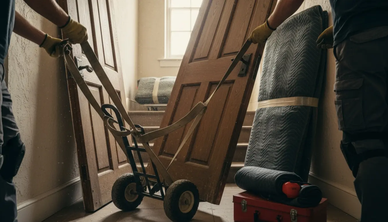 Tre tunge inderdøre flyttes op ad en smal køkkentrappe mod en åben loftslem, med flytteseler og beskyttelsespledd.