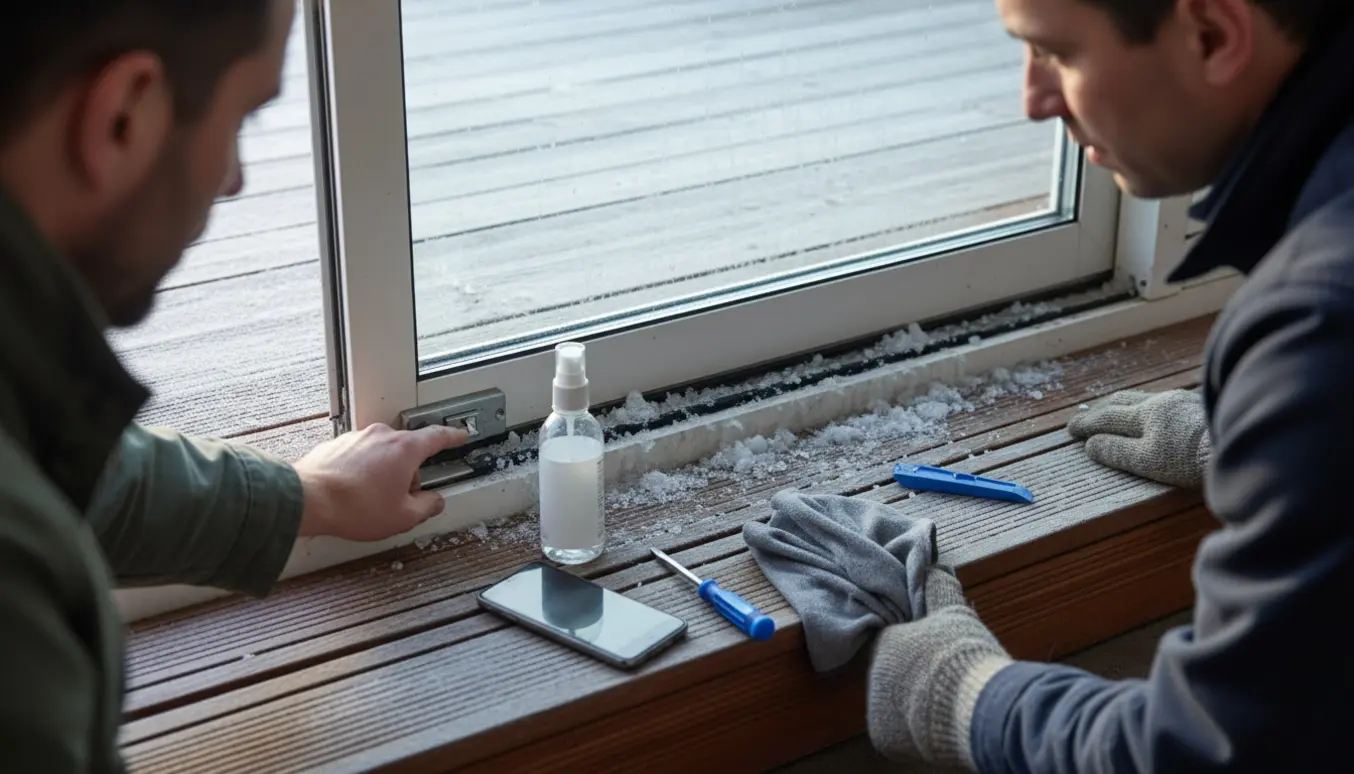 Nærbillede af en fastfrosset terrassedør med hænder, der forsøger at frigøre låsen og værktøj på trinnet.