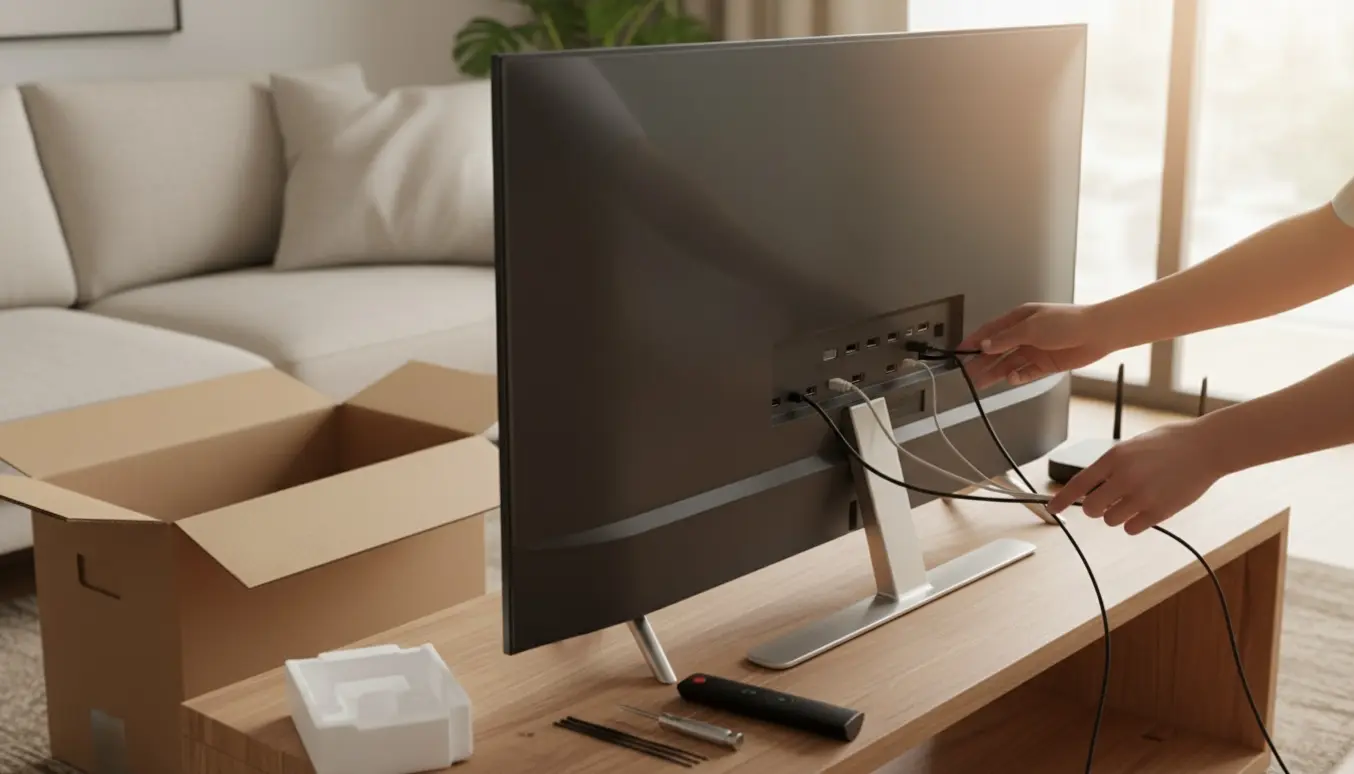 Nyt TV sættes op på et træbord, hænder tilslutter kabler i en lys stue.