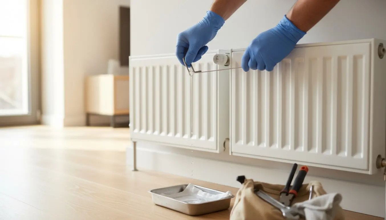 To væghængte radiatorer med åben ventil og hænder, der tjekker ventilstiften.