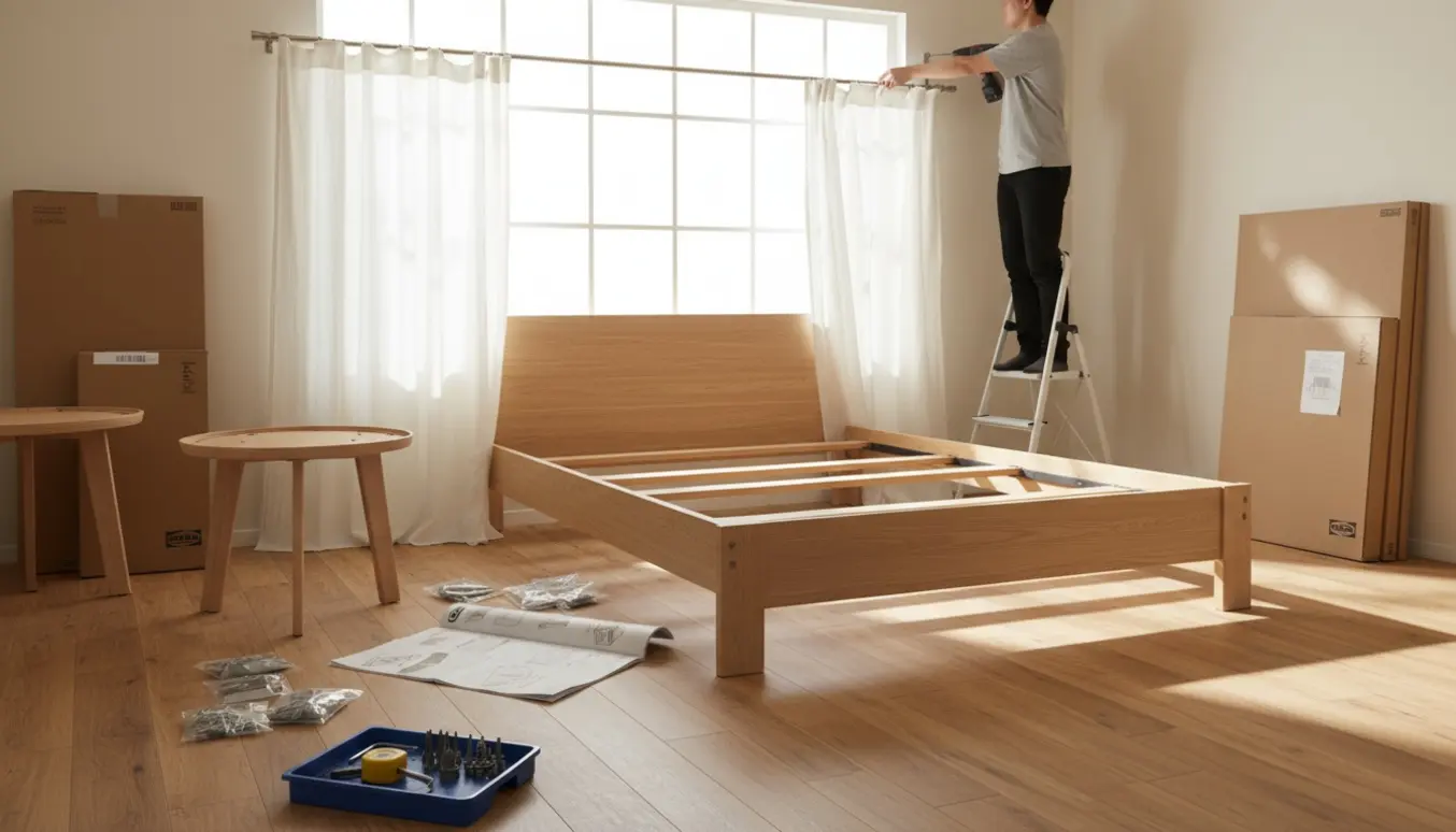 Delvist samlet IKEA-seng og bord med værktøj, mens to gardiner hænges op.