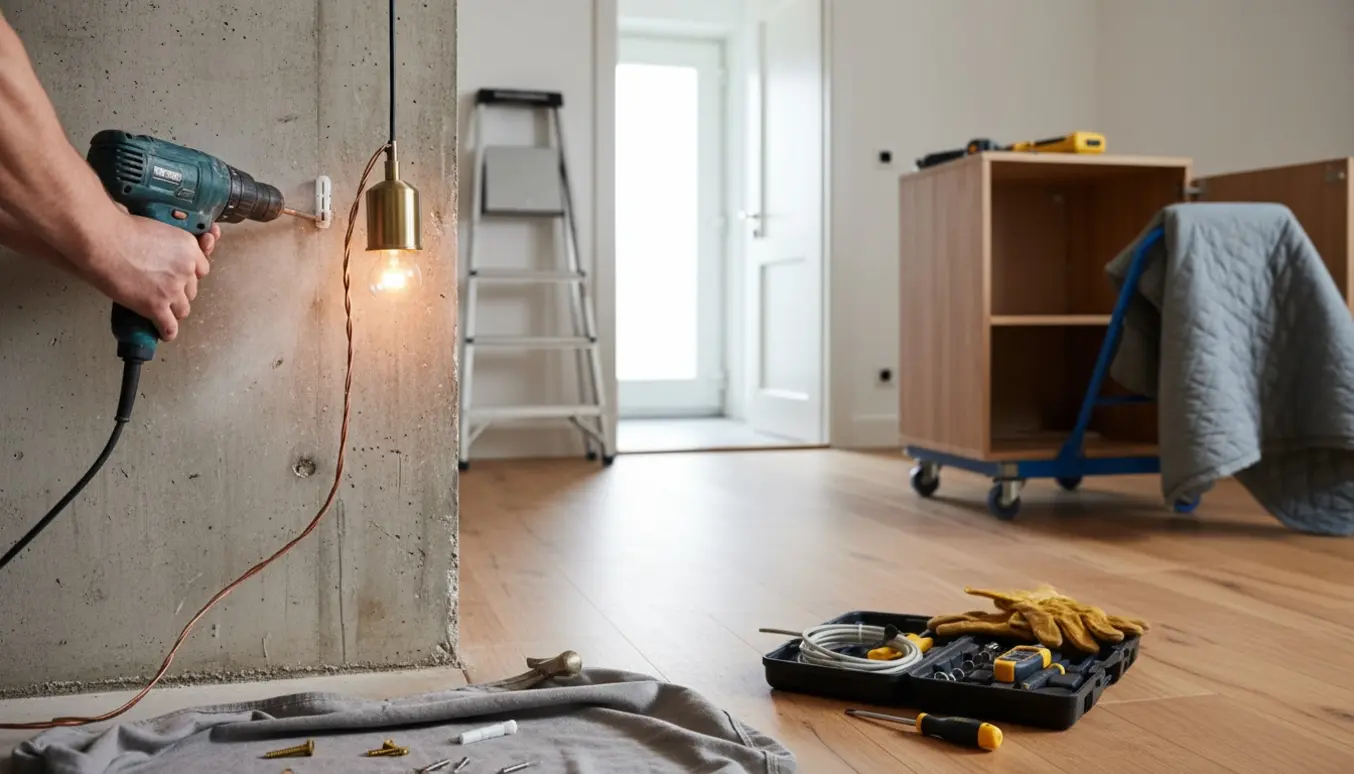 Hænder monterer en lampe i en betonvæg, mens et mindre køkkenskab er delvist adskilt klar til flytning til entréen.