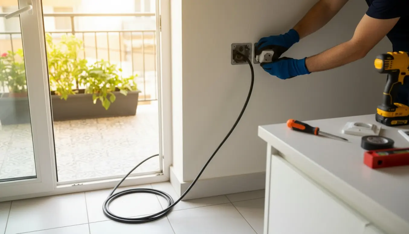 Hænder installerer en stikkontakt ved en åben altandør i et lyst køkken med synlig ledning og værktøj.