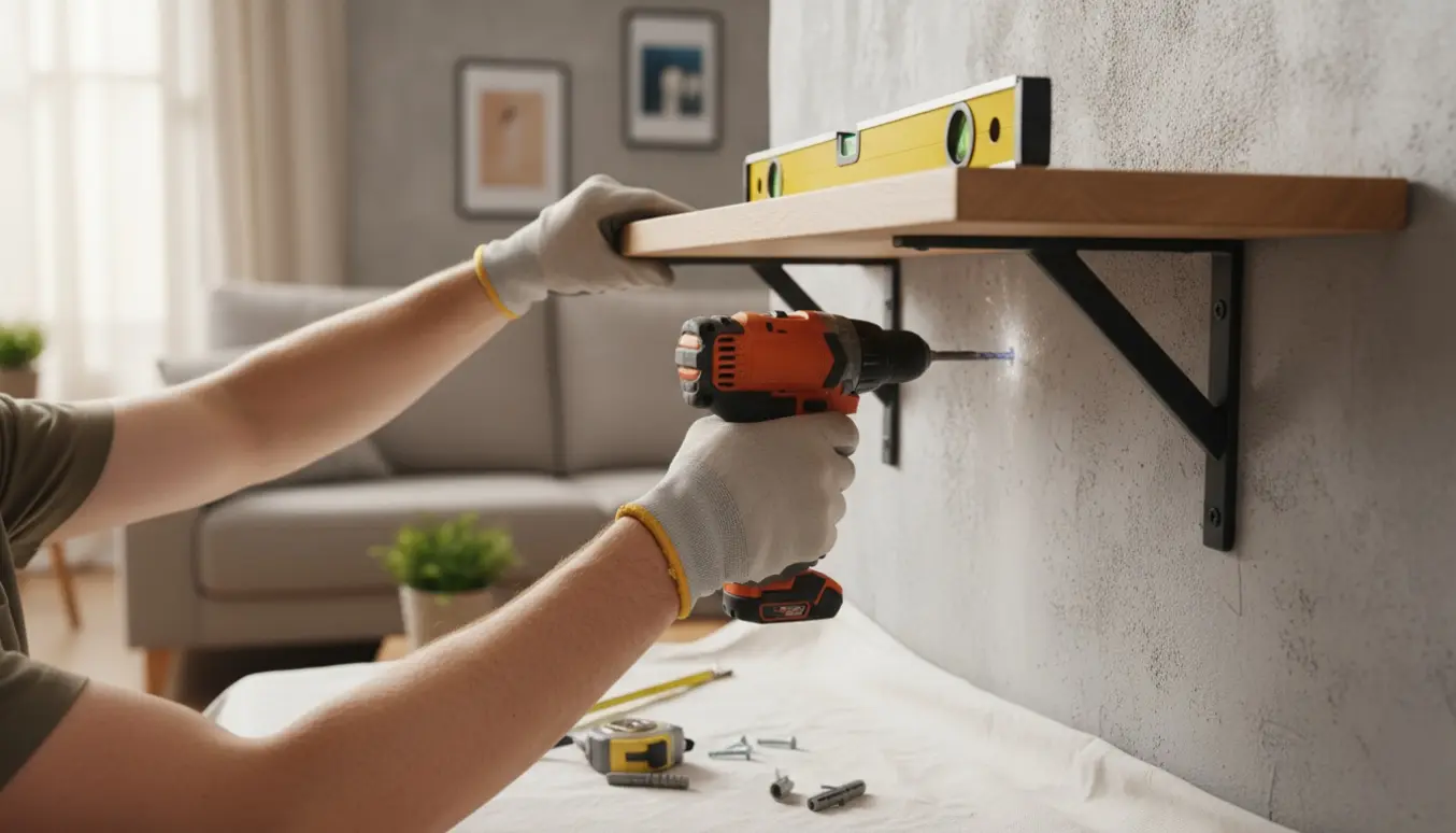 Nærbillede af hænder, der monterer en enkelt træhylde på en væg med boremaskine og vaterpas.