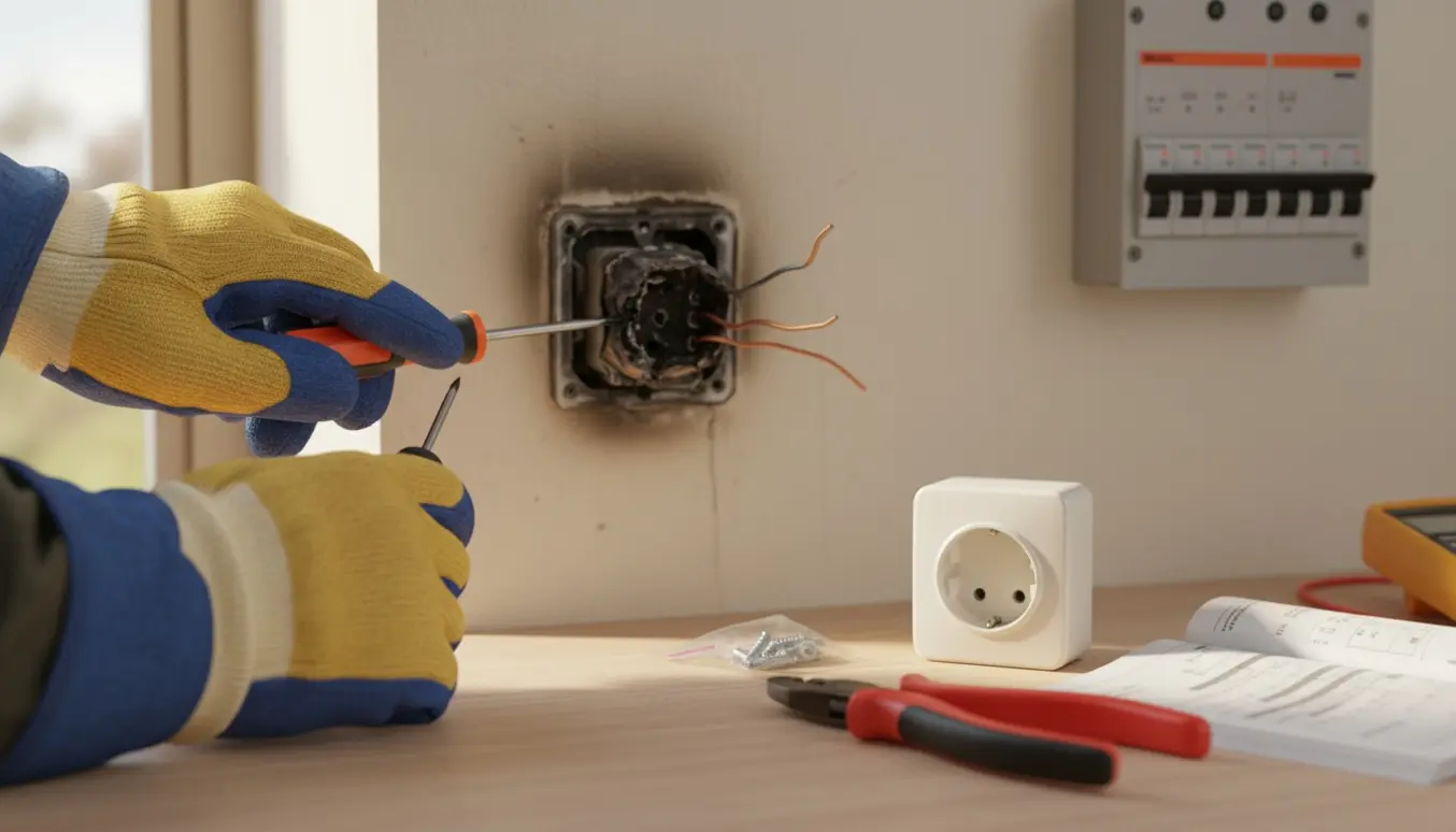 Nærbillede af isolerede handsker, der reparerer en kortsluttet stikkontakt med synlige brandskader og værktøj.