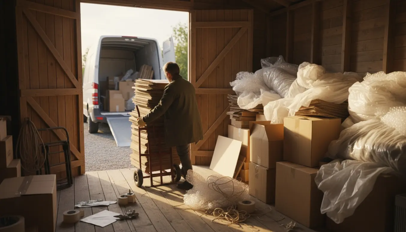 Person læsser pap og plast fra et skur ind i en varevogn.