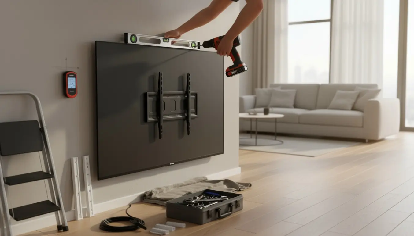 En person monterer et stort fladskærms-tv på en stuevæg med værktøj og kabelstyring.