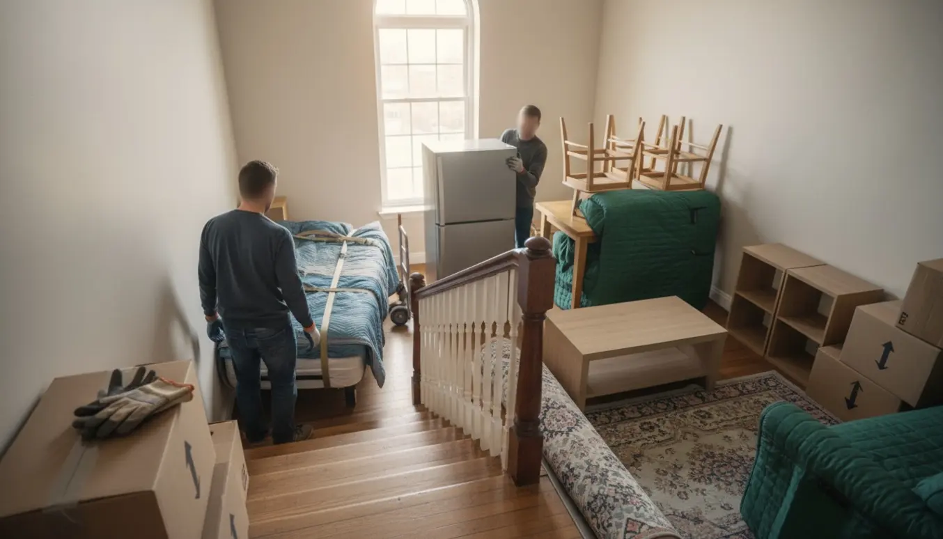 Flyttefolk bærer møbler ned ad en opgang fra en lejlighed på tredje sal.