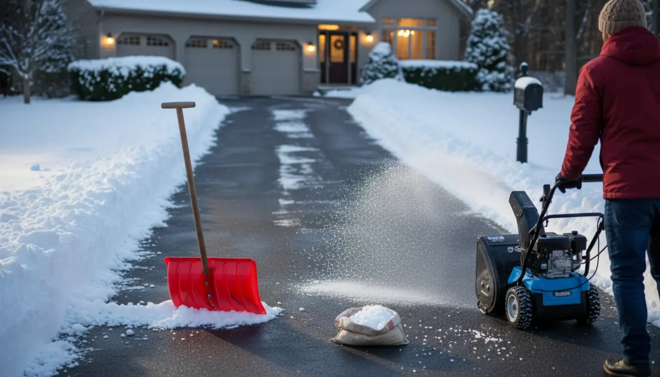 Lang indkørsel og fortov delvist ryddet for sne med skovl og sneblæser, person set bagfra.