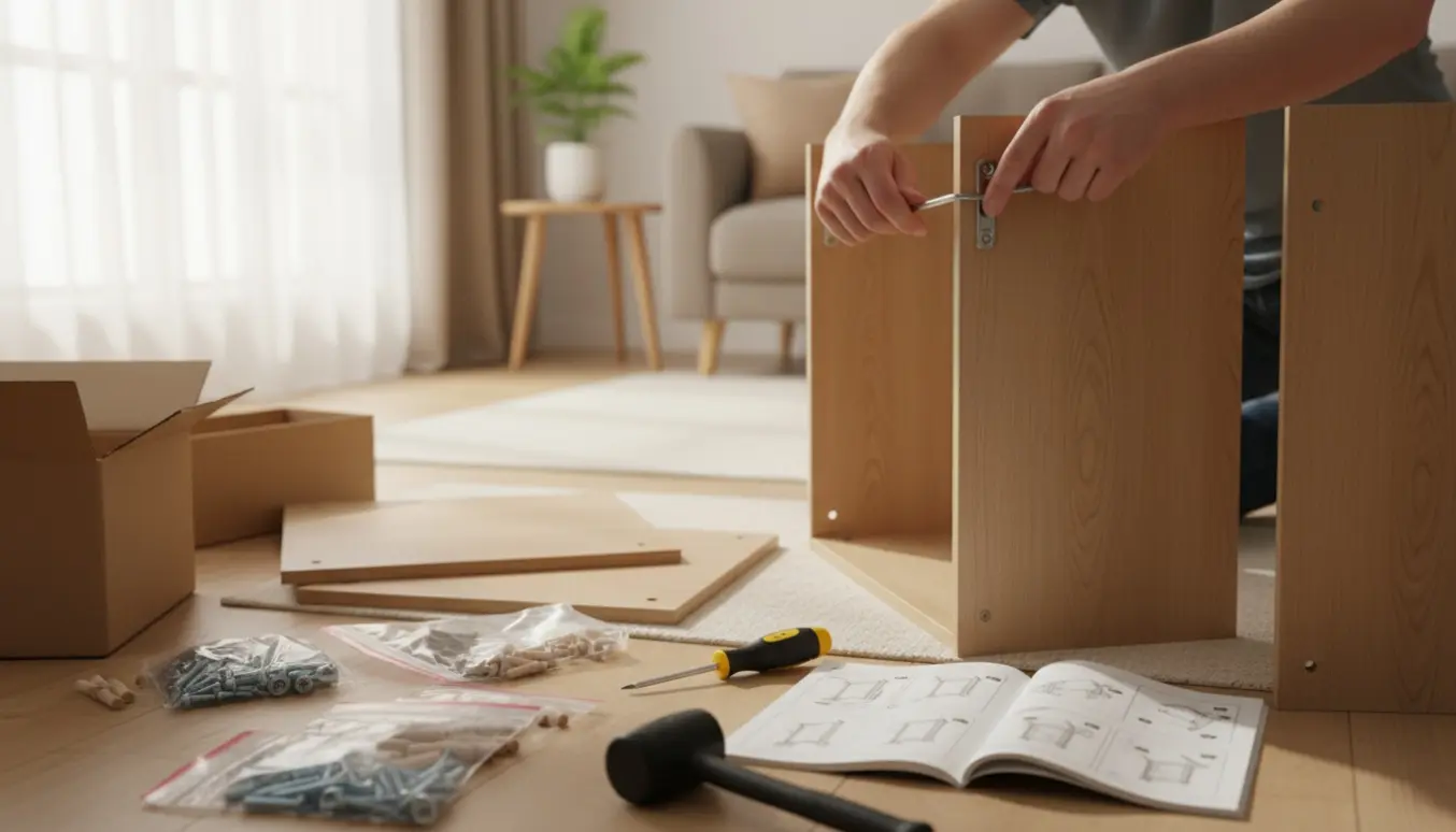 Hænder samler et flatpack-skab i en lys stue med værktøj og skruer.