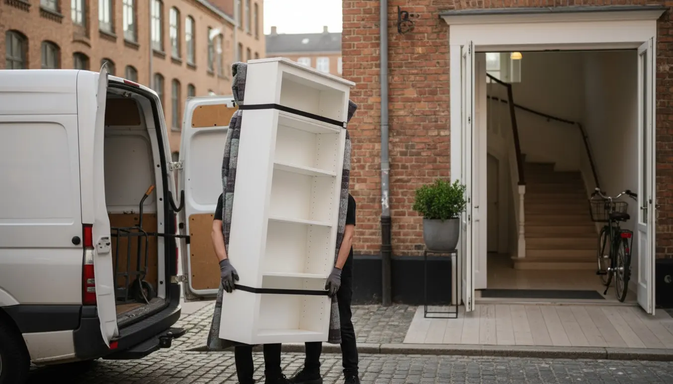 En HEMNES-agtig bogreol bæres fra en varevogn ind i en lejlighed i Valby.