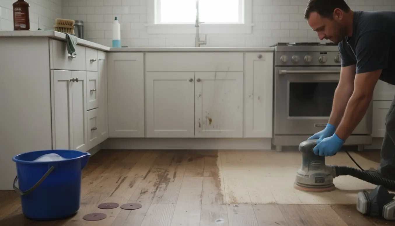 Hænder i handsker sliber et køkkengulv og rengør fedt- og sodaflejringer efter røg fra varm olie.