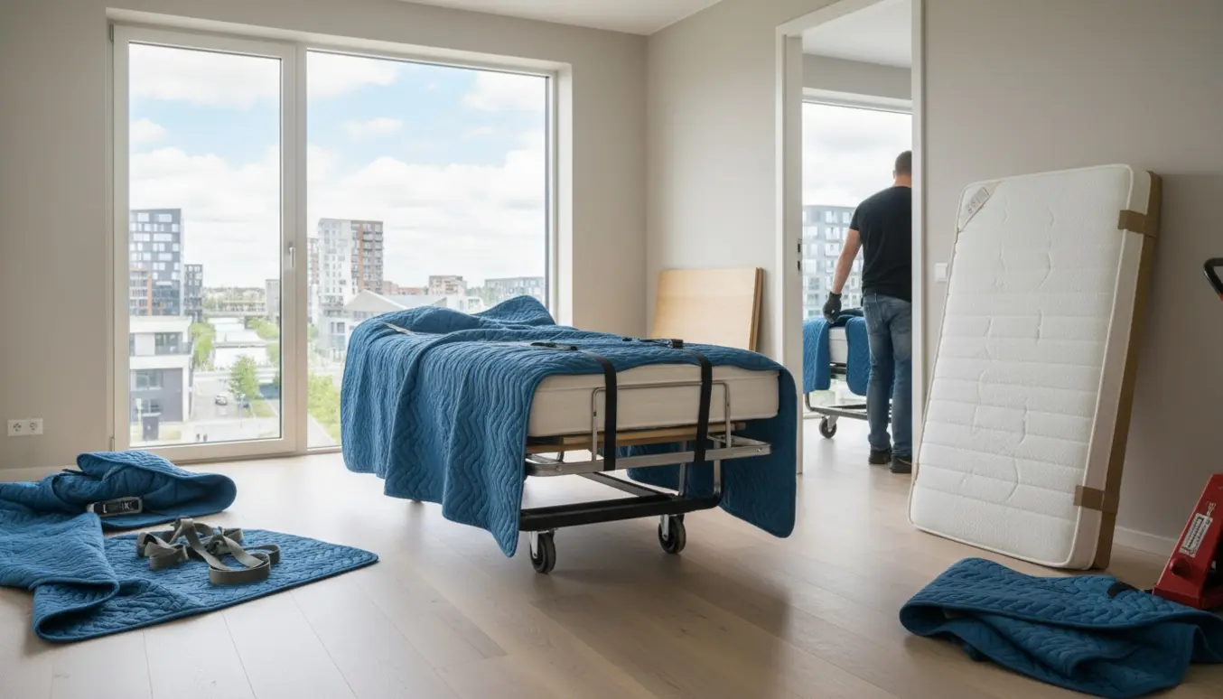 To justerbare enkeltsenge på flyttekuller i en lys, moderne lejlighed med udsigt til Ørestads skyline.