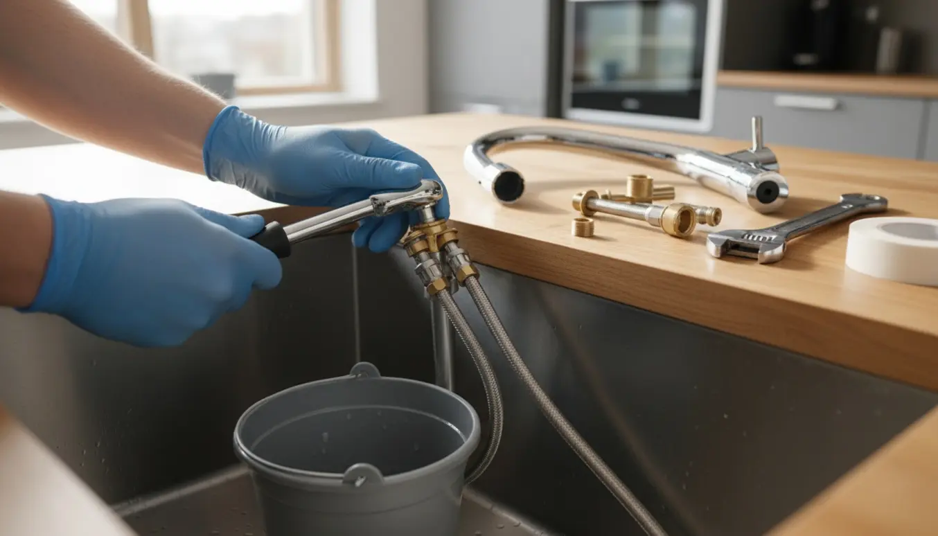 Nærbillede af hænder, der udskifter en løs vandhane under køkkenvask med skruenøgle og nyt armatur på bordpladen.
