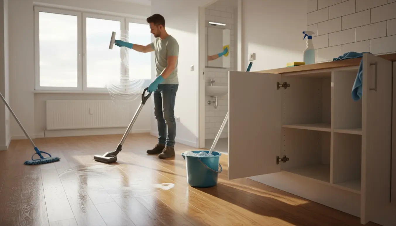 Flytterengøring i en lys lejlighed med pudsede vinduer, rene skabe og nyvaskede gulve.
