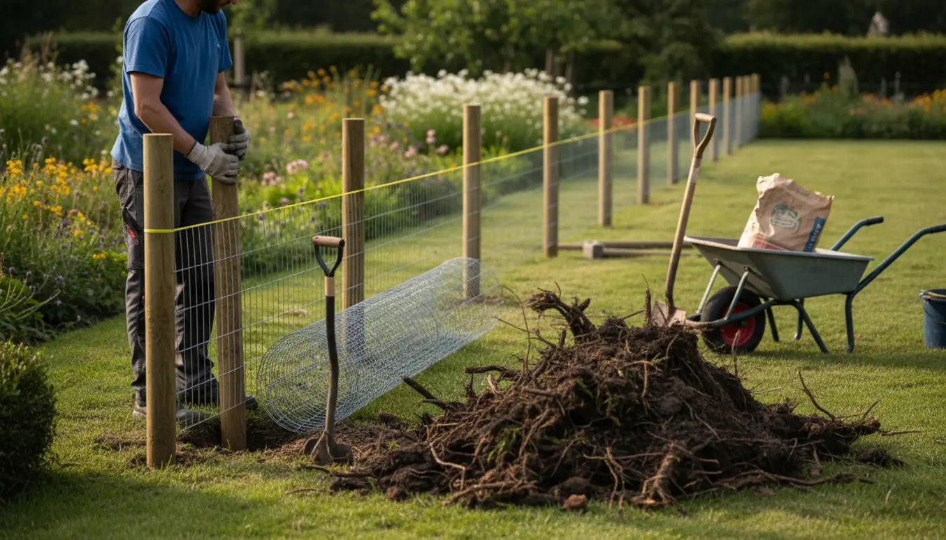Opsætning af rionethegn i en have med gravede stolper, rulle trådnet og synlige rødder.