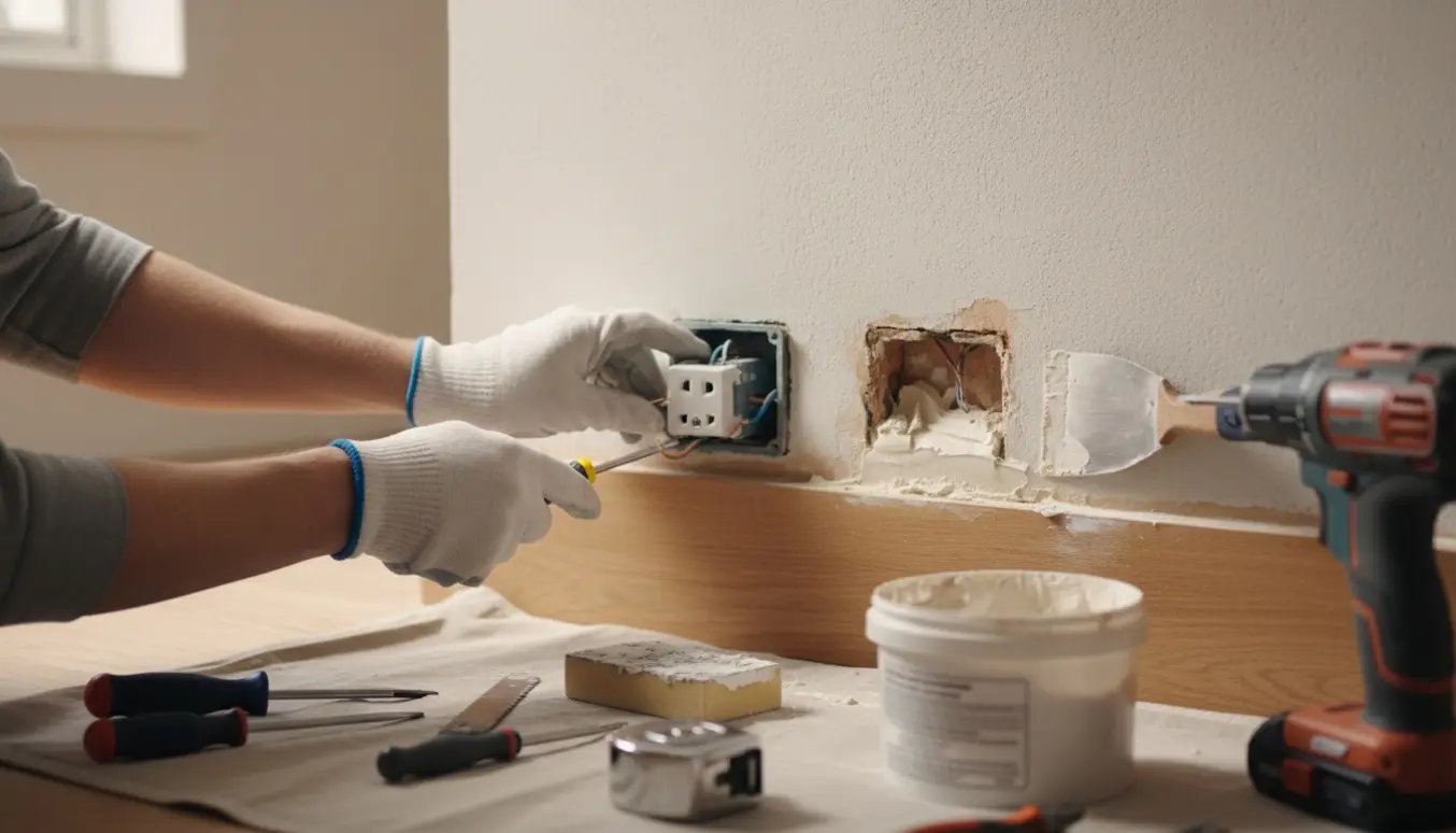 Hænder monterer en ny stikkontakt og lapper fodpanelet efter flytning.