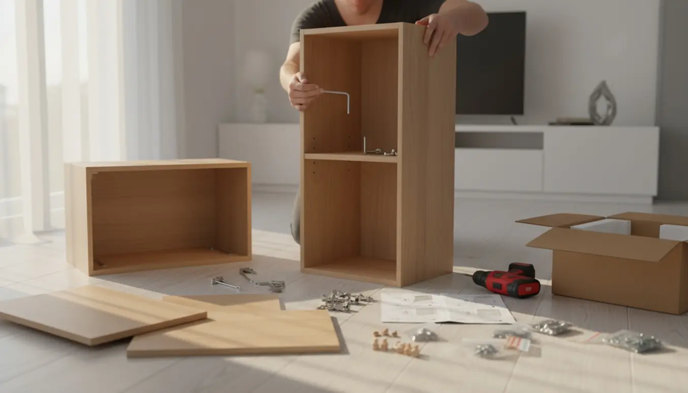 Hænder samler et højt, smalt fladtpakket skab med værktøj spredt på et lyst gulv.