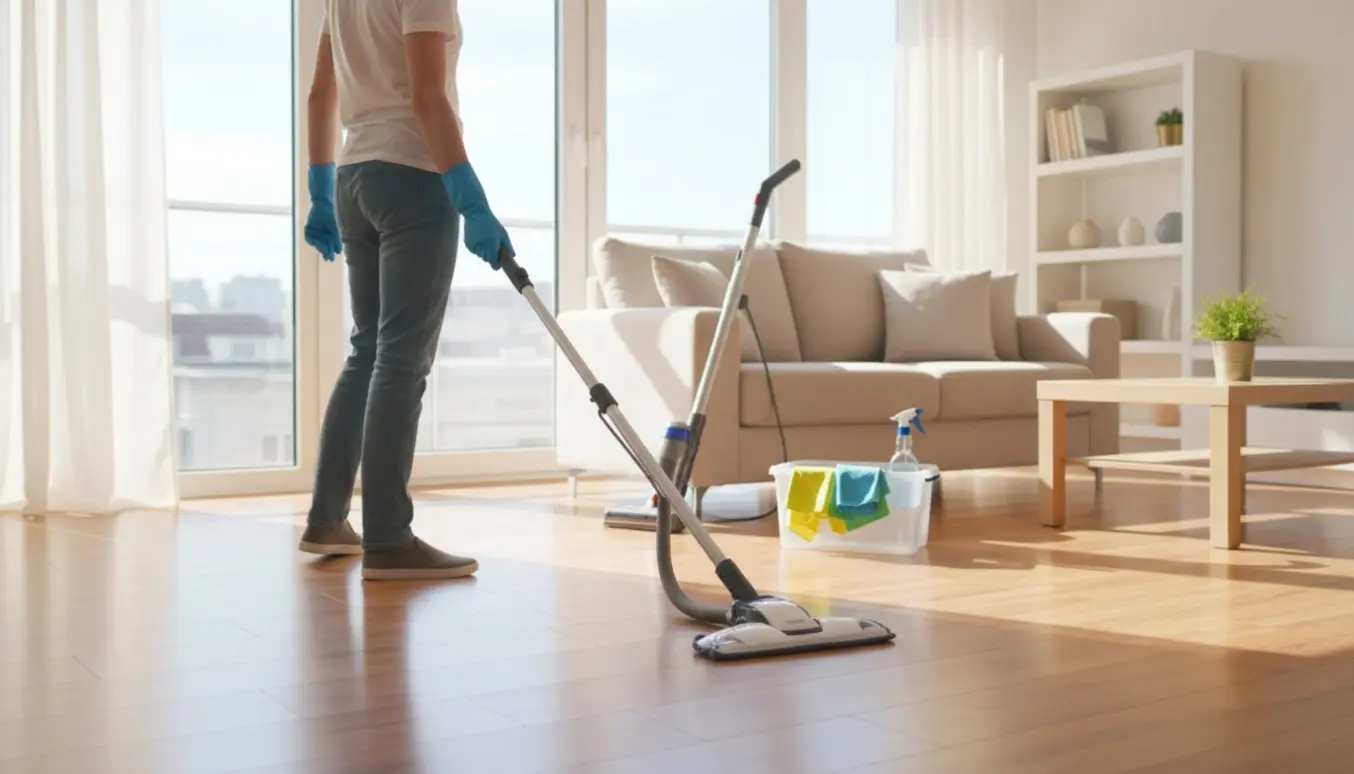 Solbeskinnet stue under rengøring med moppe, støvsuger og hænder i gummihandsker