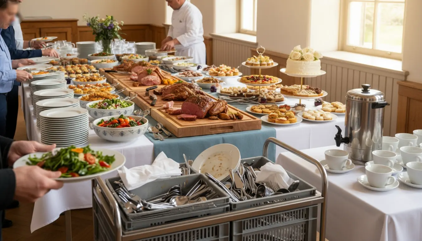 Selvbetjent tre-retters buffet med kaffebrygger og bakker med returneret, uvasket service.