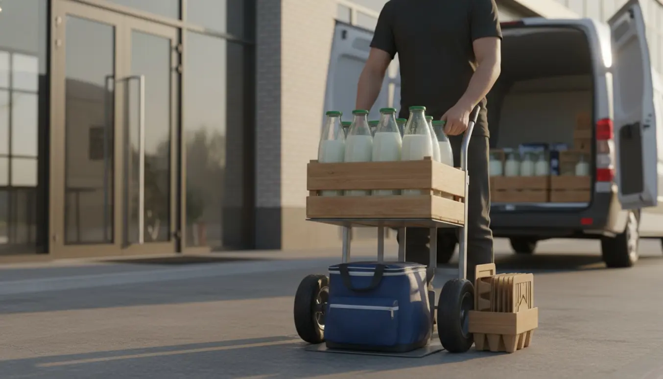 Morgenlevering af otte økologiske mælkeflasker ved indgangen til en kontorbygning, budperson lægger dem fra en varevogn.