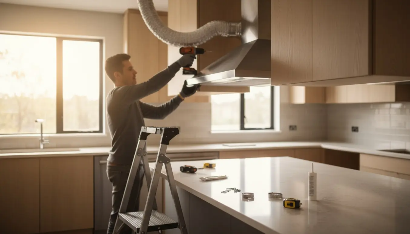Tæt billede af montering af en rustfri emhætte med ventilrør i et lyst køkken, hvor hænder holder en boremaskine.