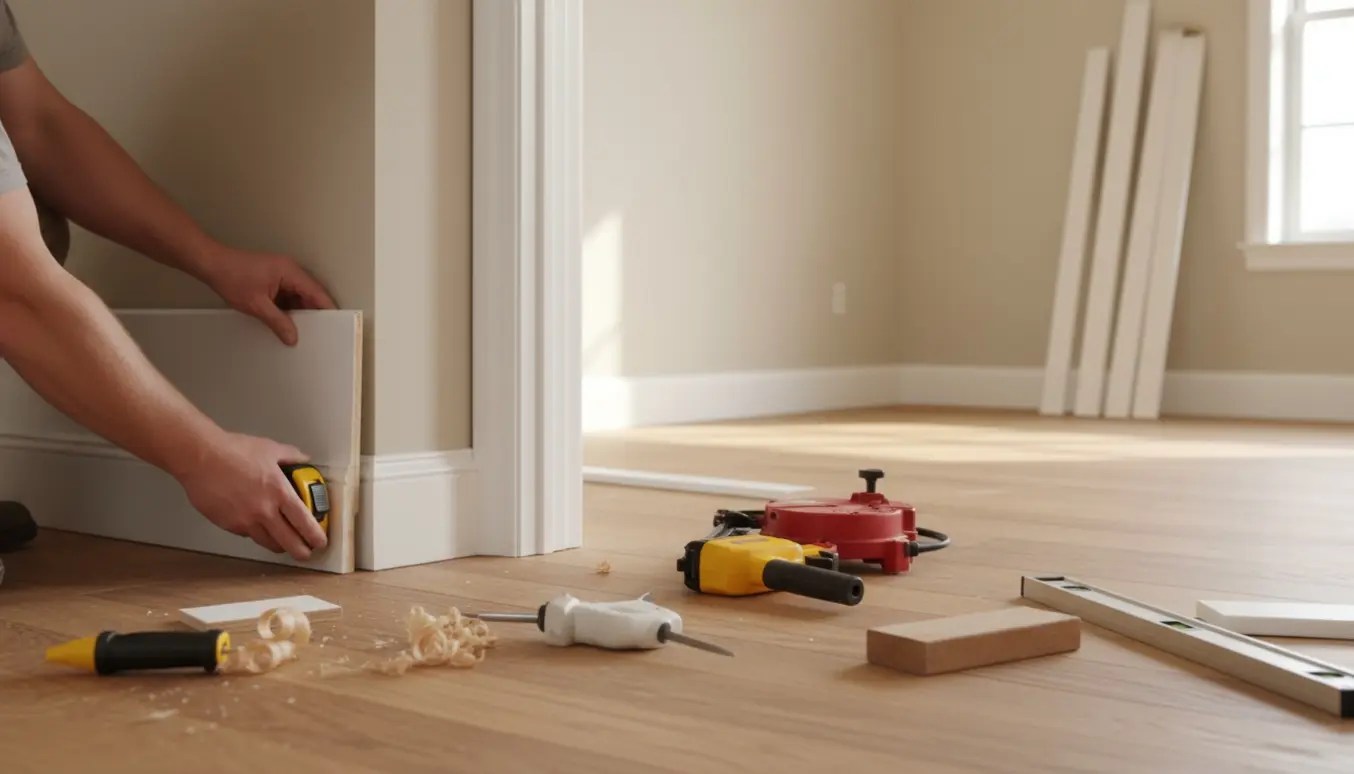 Nærbillede af hænder, der monterer hvide fodlister i to tilstødende værelser med værktøj og dagslys.