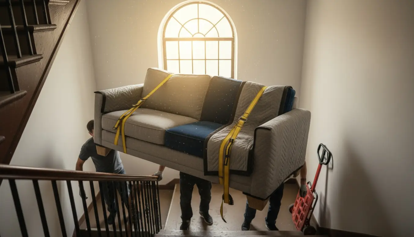 To sofaer bliver båret ned ad en snæver trappe i en lejlighed, pakket ind i flyttetæpper og stropper.