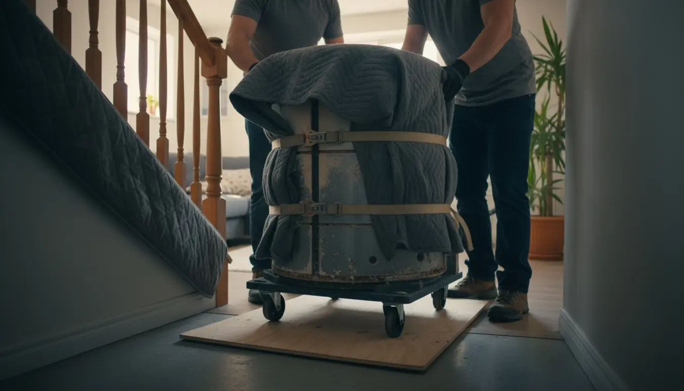 Tunge flyttere sænker en indpakket keramikovn ned ad en trappe fra stue til kælder.