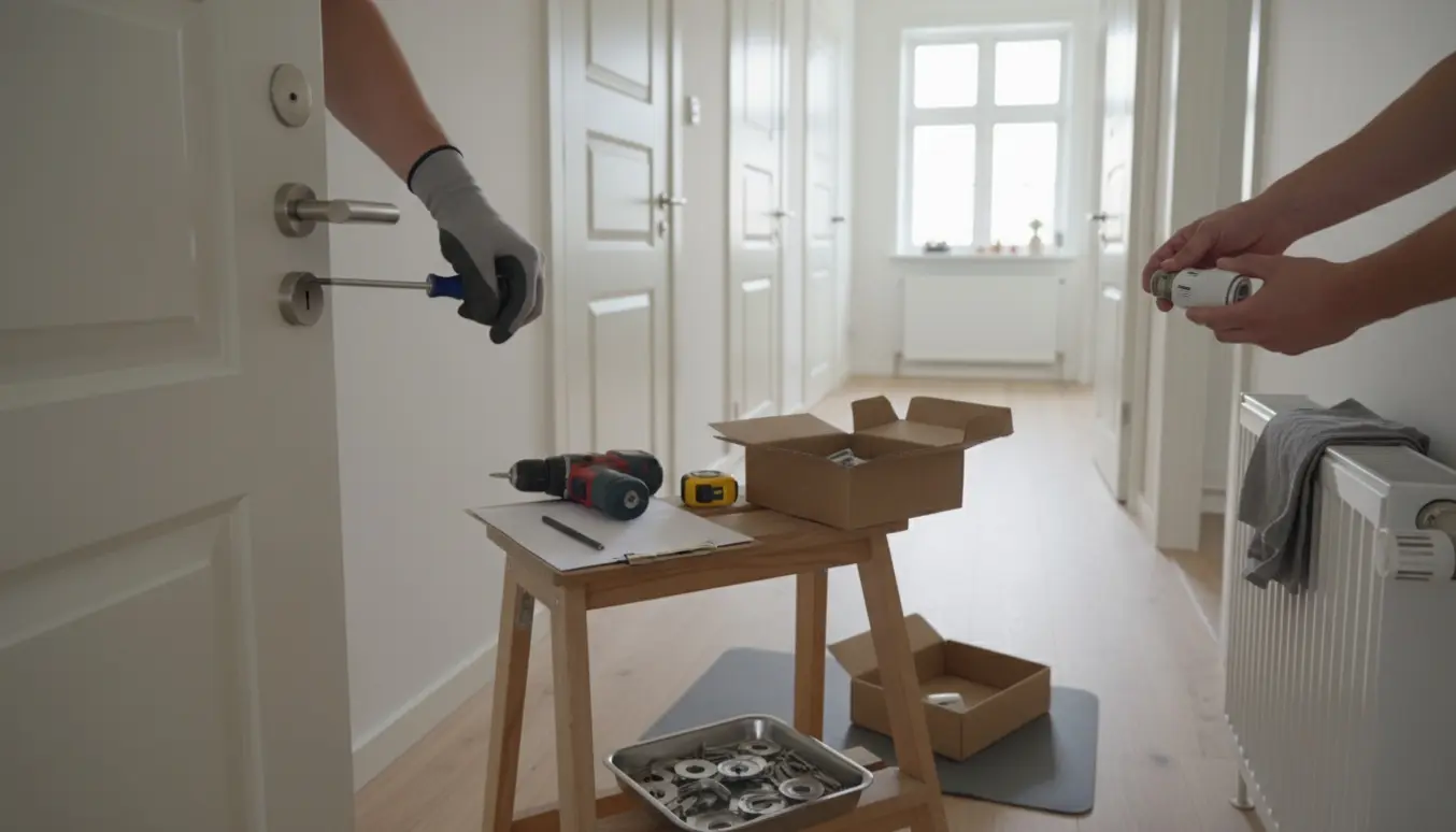 Nærbillede af hænder, der udskifter dørgreb og radiatortermostat i et lyst, skandinavisk hjem.