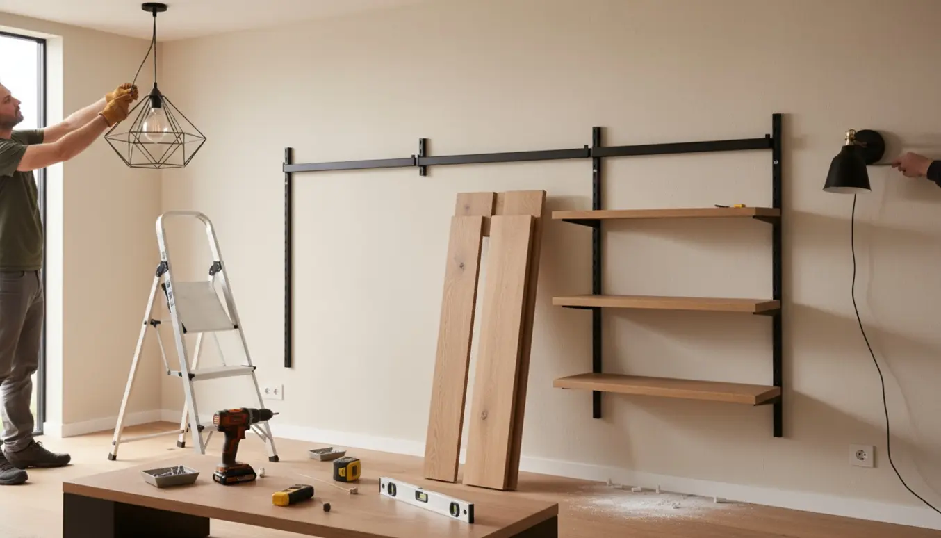 Delvist monteret reolsystem på væg med værktøj og to lamper under installation.