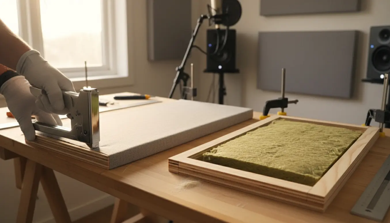 Skåret fyrretræskrydsfiner og Rockwool klargøres til akustikpaneler i et hjemmestudie.