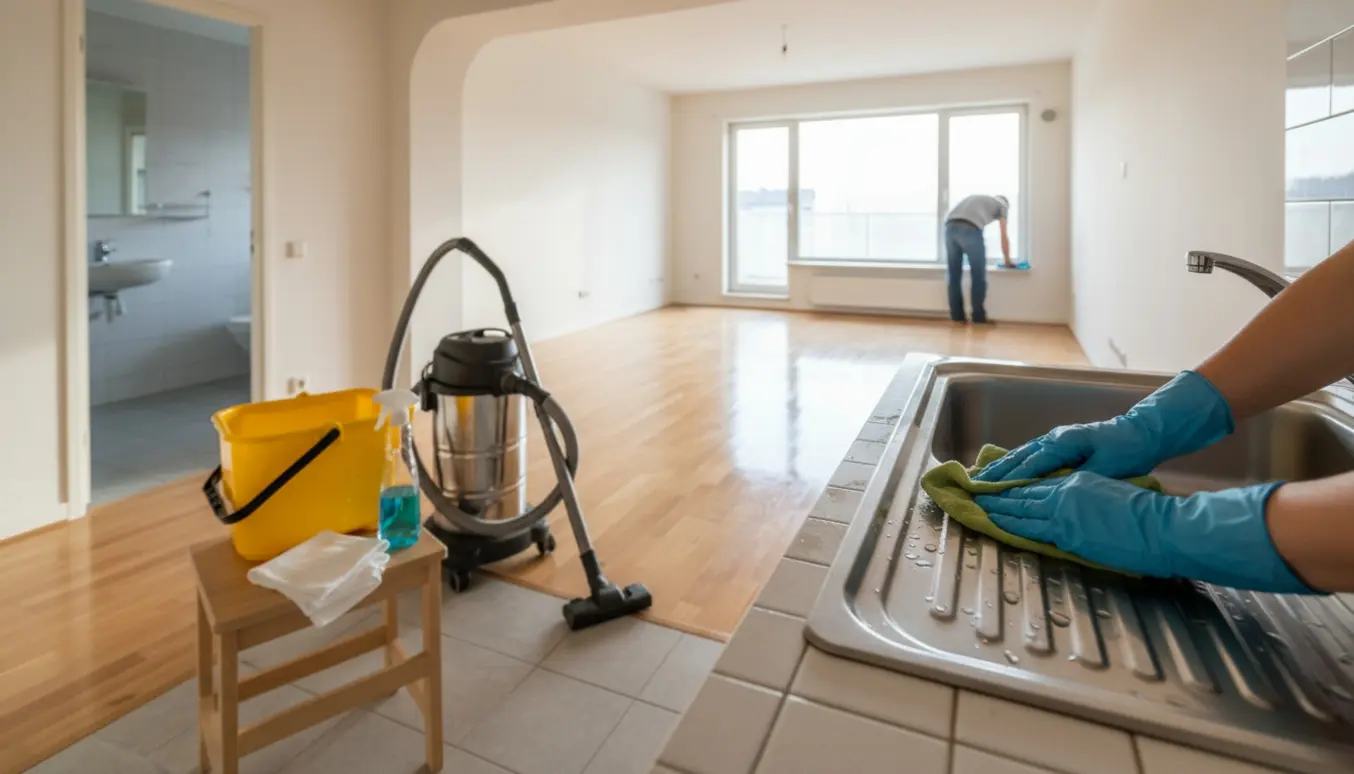 Gloved hænder pudser køkkensink i en solbeskinnet, tom 3-værelses lejlighed under fraflytningsrengøring.