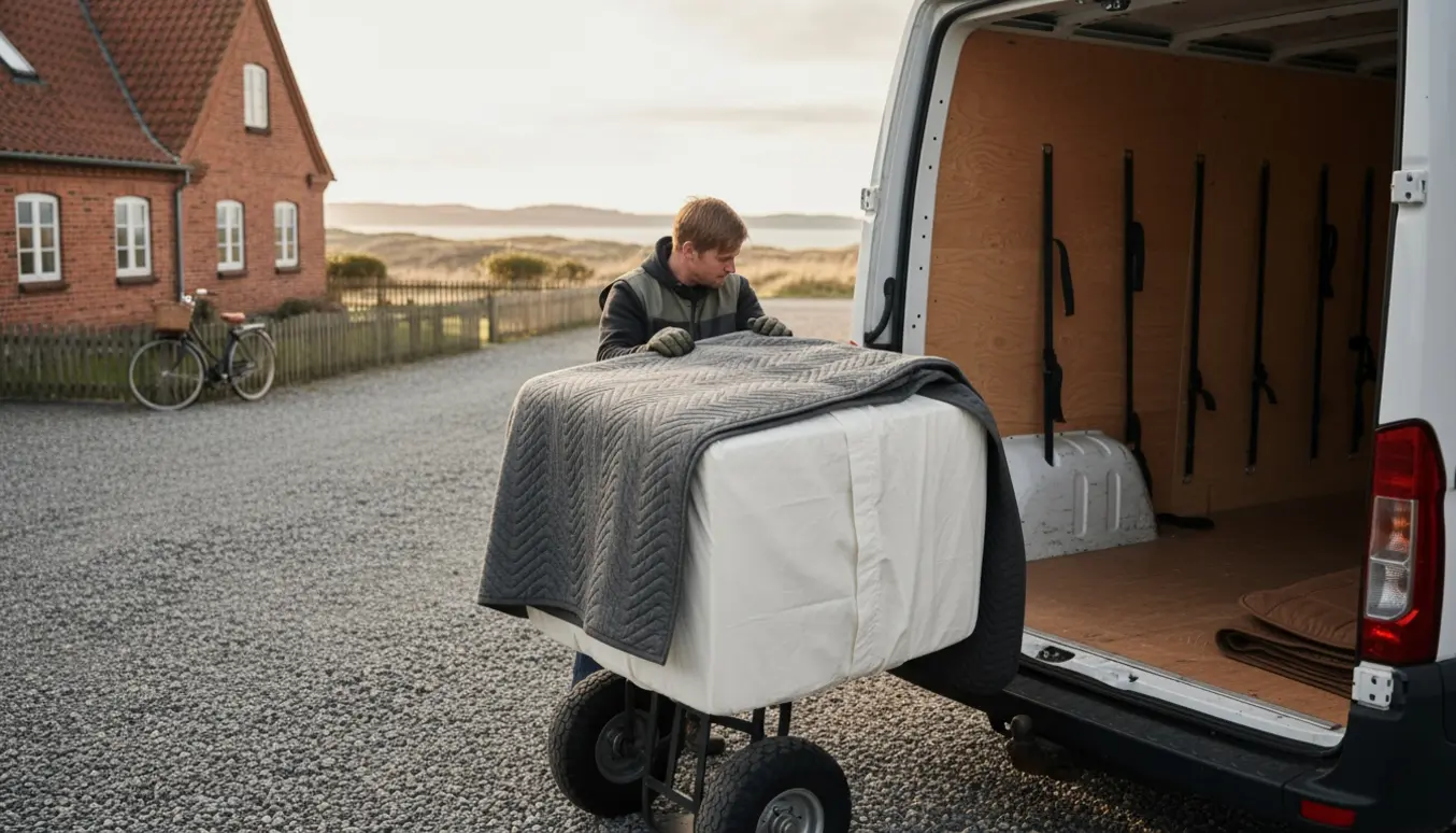 En boxmadras bliver læsset ind i en varevogn på en grusvej med dansk kystlandskab i baggrunden.