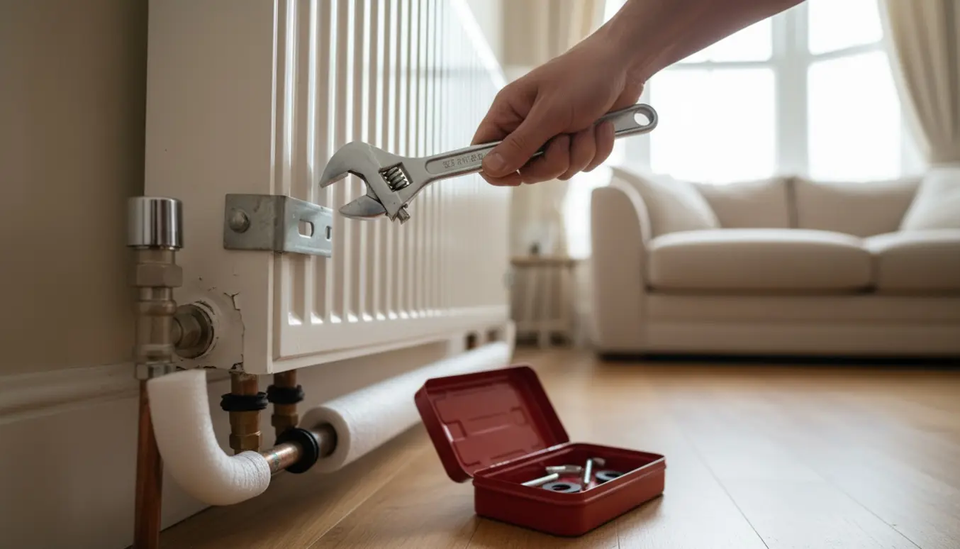 Hånd strammer radiatorbeslag i en stue for at stoppe banken fra radiatoren.