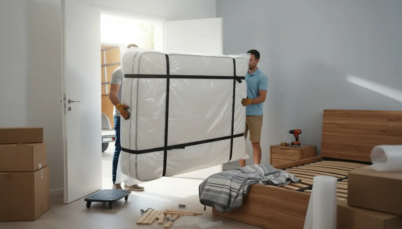 To flyttefolk bærer en 140x200 madras ind i et lyst soveværelse.