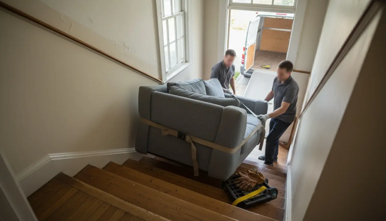 To personer bærer en sofa ned ad en smal trappe mod en ventende varevogn.