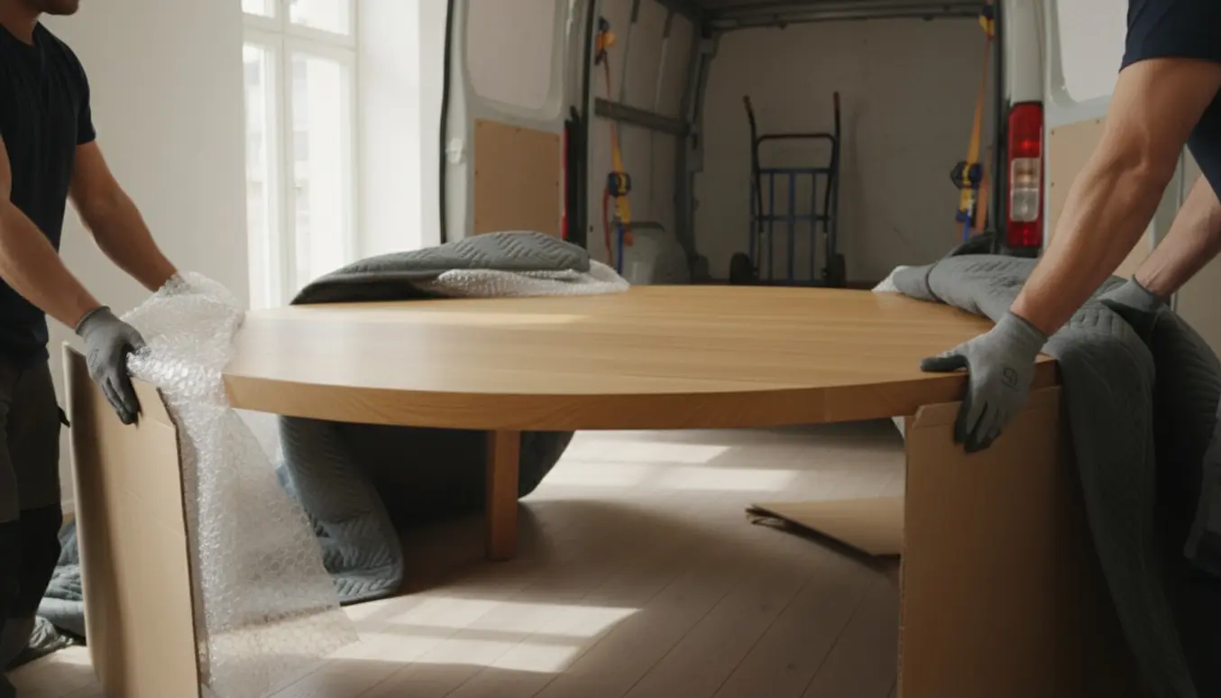 Et rundt spisebord bæres ind i en moderne lejlighed, pakket og beskyttet.
