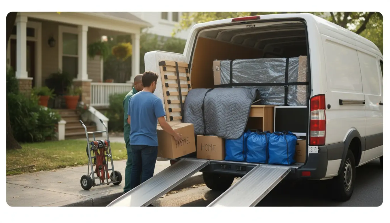 Lastning af seng, skrivebord, kasser og store flytteposer i en varebil foran en stueplansbolig.