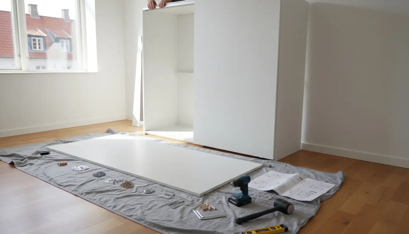 Delvist samlet Kleppestad skab med skydedøre i en lys københavnerlejlighed, værktøj og hænder i færd med montering.