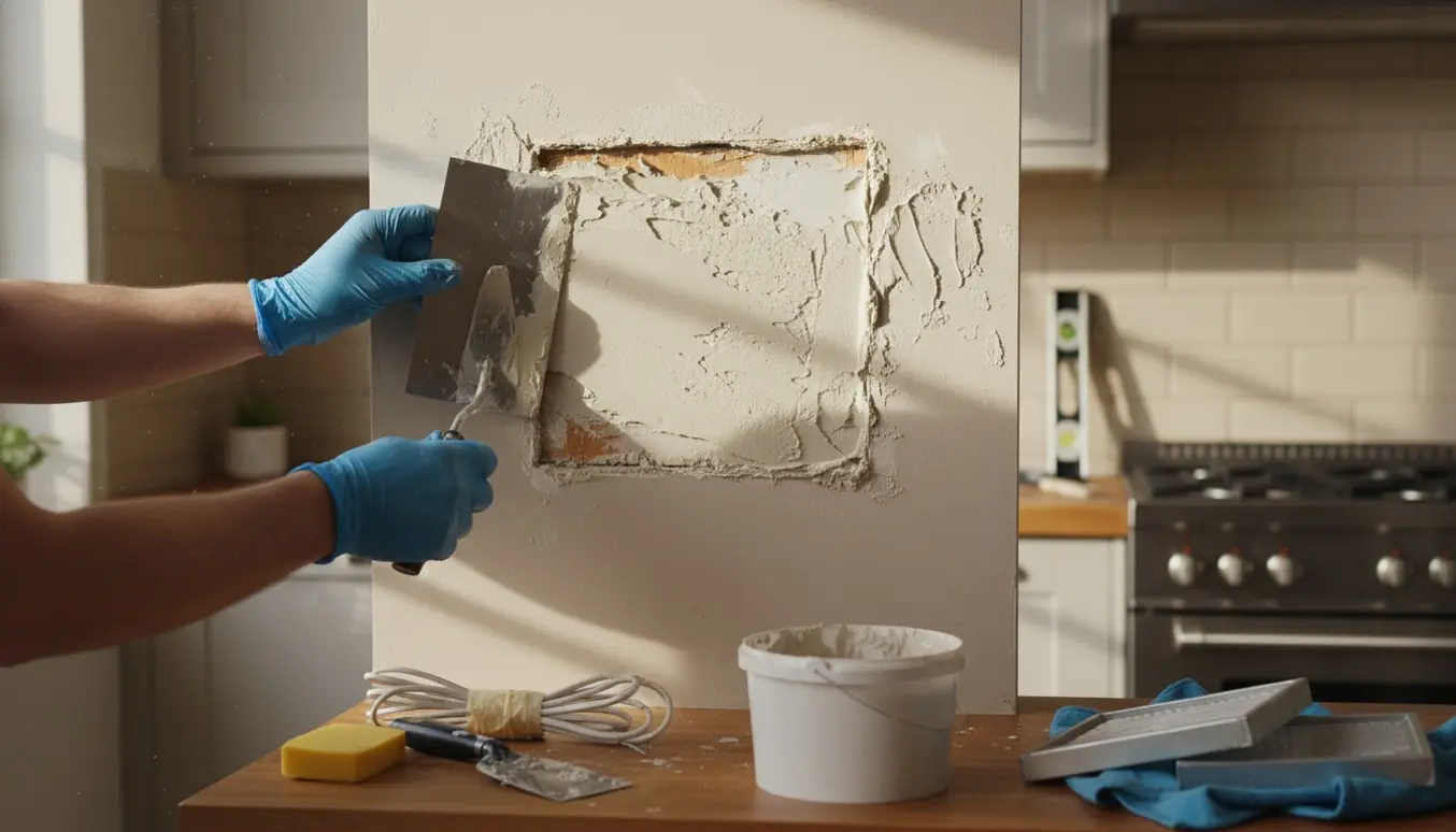 Nærbillede af hænder, der spartler og lukker et hul i køkkenvæg efter fjernet emhætte.