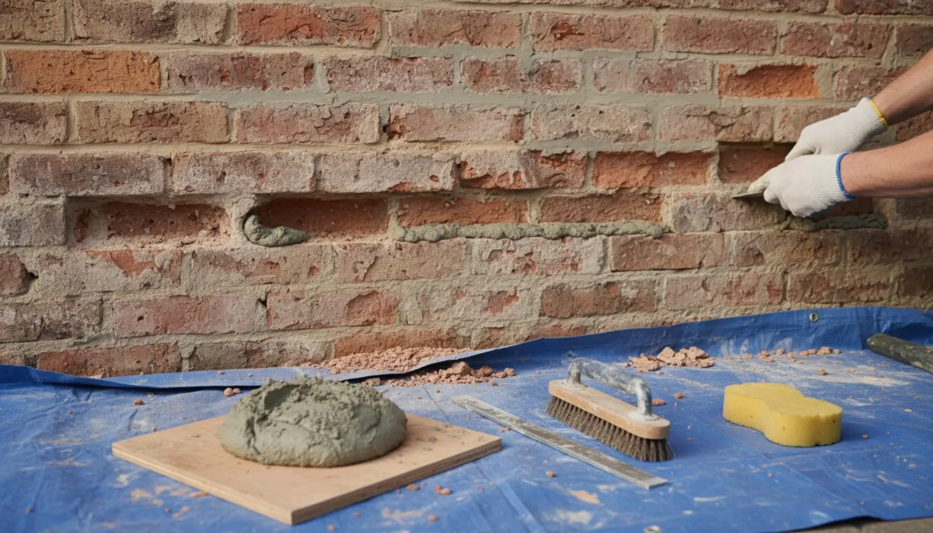 Nærbillede af murerarbejde hvor frisk mørtel fyldes mellem gamle mursten med murske og værktøj.
