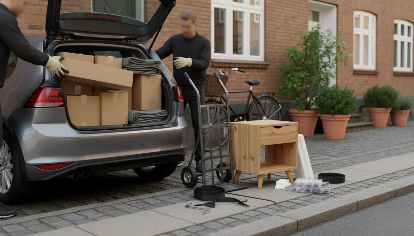 Åben bilbagagerum med flade møbelkasser og personer, der læsser møbler foran en Frederiksberg-rækkehusfacade.