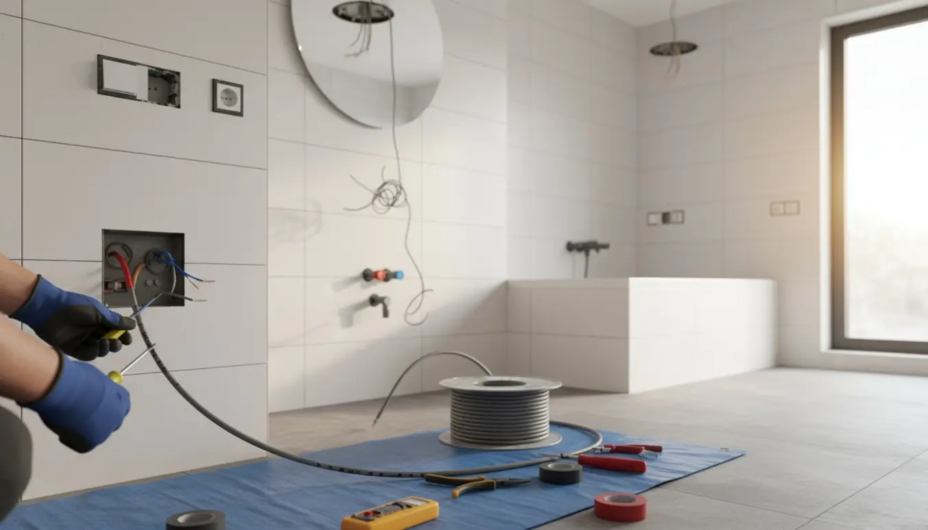 Elektriker trækker kabler og monterer eludtag i et nyt badeværelse med spa og spejl.