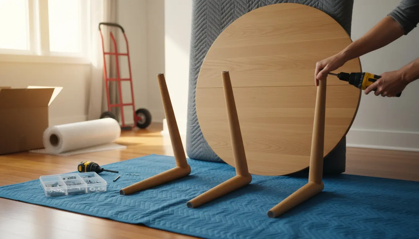 Rundt bord adskilles til flytning med bordplade, løse ben og værktøj i en lys stue.