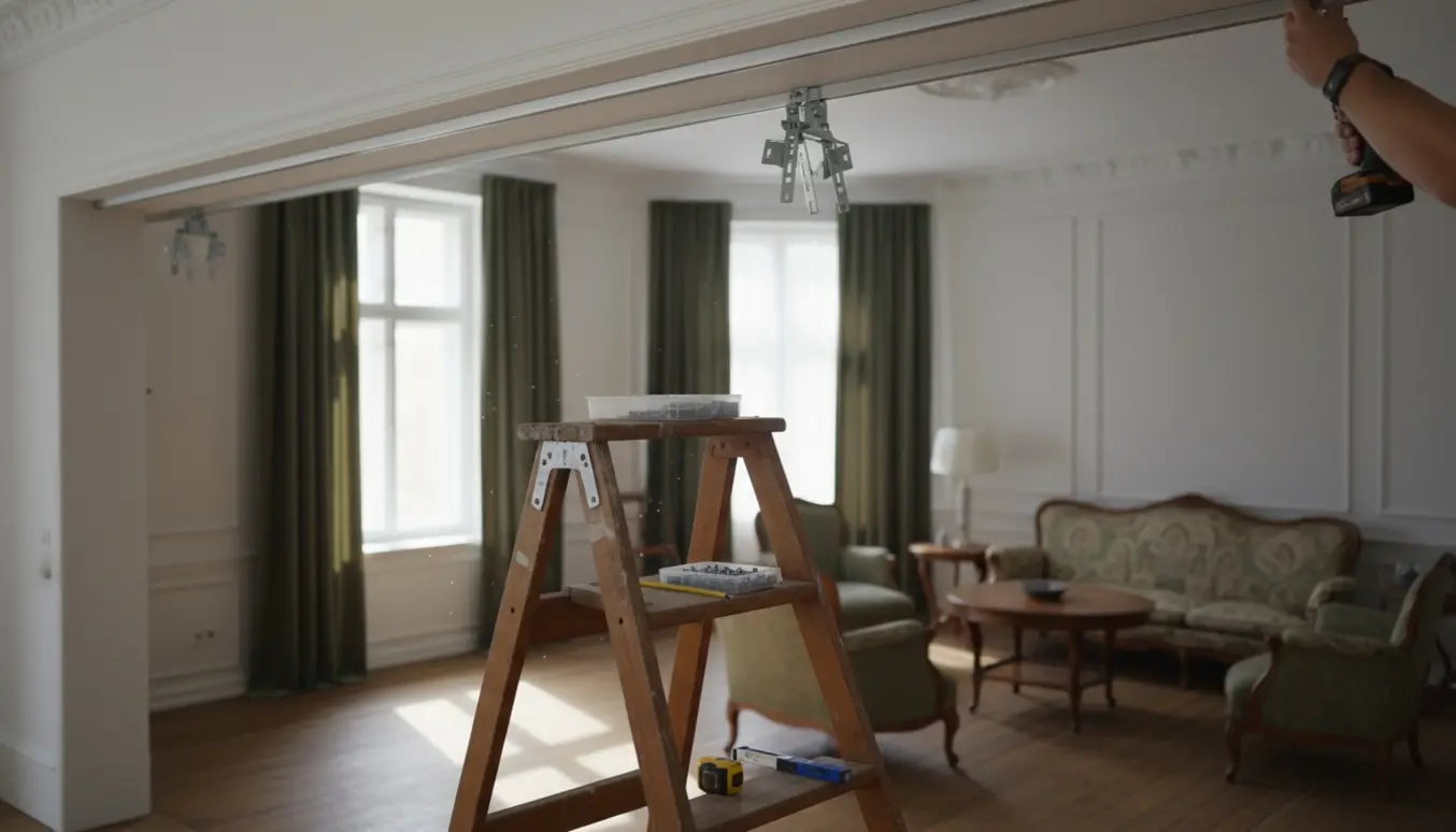 Montering af Ikea Vidga loftsgardinskinner i en stue med stuk og højloft.