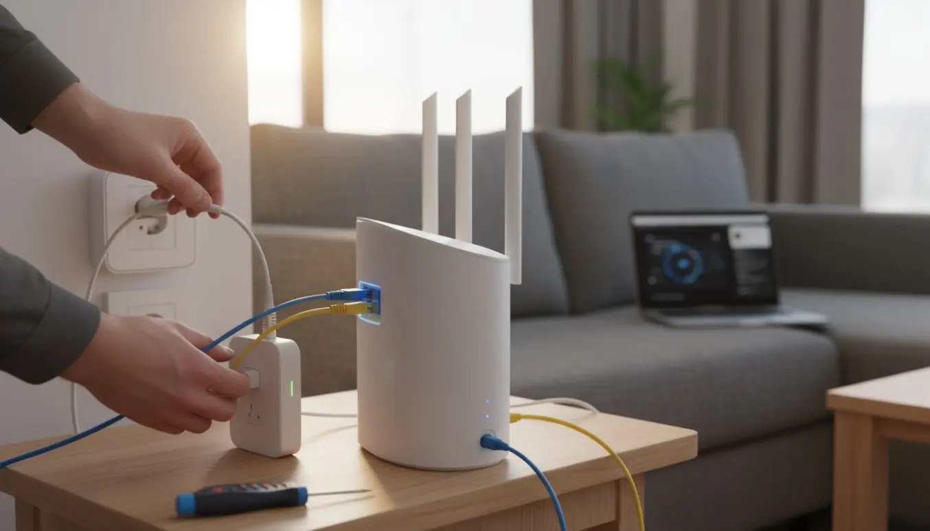 Hænder opsætter hjemme-netværk med fiberboksen, router og Wi‑Fi‑extender i en lys stue.