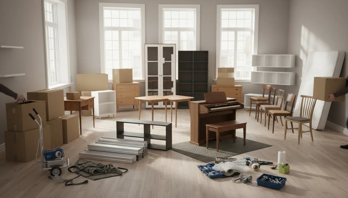 Lyse flyttemøbler og stabler af 45 neutrale flyttekasser i en stue, klar til indflytning.