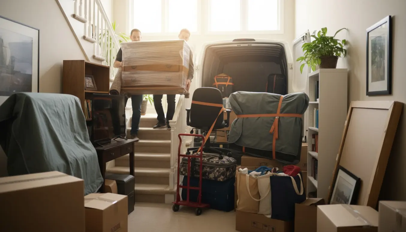 To flyttefolk bærer møbler og kasser ned ad en trappe mod en åben flyttebil, med tæpper, kufferter og en stor plante.